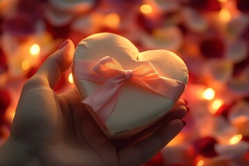 Poster - A hand gracefully holding a heart-shaped gift box with a ribbon, symbolizing love and affection, perfect for Valentine's Day themes.

