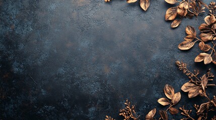 Poster - Golden painted autumn leaves forming a border on dark background