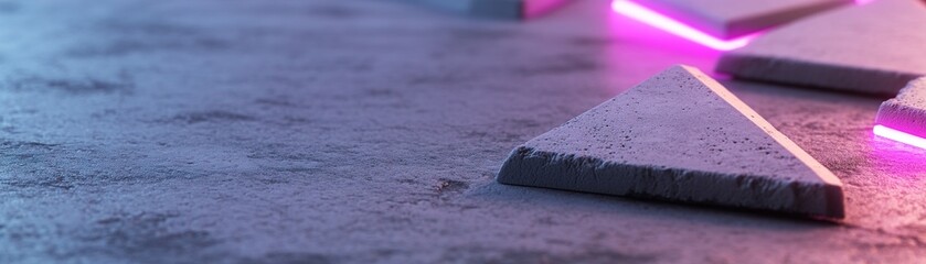 Poster - Geometric shapes rest on a rough concrete surface, softly illuminated by vibrant colored lights, creating a modern and artistic atmosphere. The interaction of textures adds depth