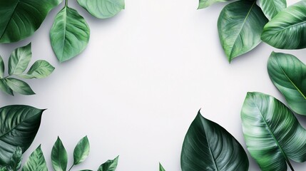 Poster - Tropical green leaves creating a frame on white background