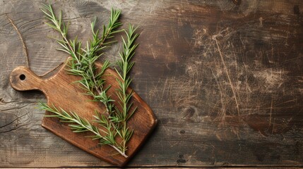 Rosemary and cutting board on vintage table with culinary theme. Display area on empty board.