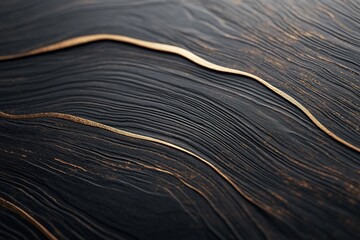 Poster - An elegant ebony wood surface captures glossy reflections and detailed textures in dynamic waves. The fine craftsmanship highlights the beauty of natural wood grains