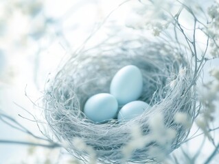 Wall Mural - delicate bird's nest photographed in soft morning light, intricate weaving of natural materials, pale blue eggs nestled in downy interior