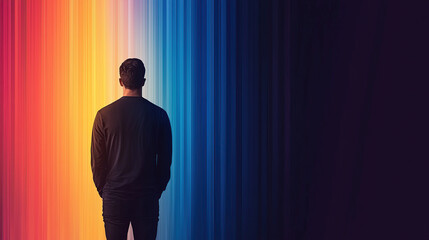 man stands facing vibrant spectrum of colors, transitioning from warm to cool tones, creating striking visual effect. scene evokes sense of contemplation and wonder