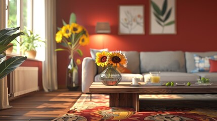 Wall Mural - Stylish living room with cozy sofa and sunflowers vase