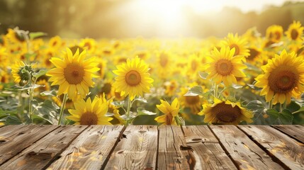 Wall Mural - Sunflower field background with space for advertising sunflower product on wooden table.