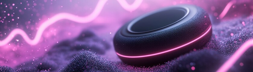 Poster - A speaker sits in a dimly lit environment, enhanced by glowing neon lights that cast a vivid hue. The combination of sound and light creates an immersive experience