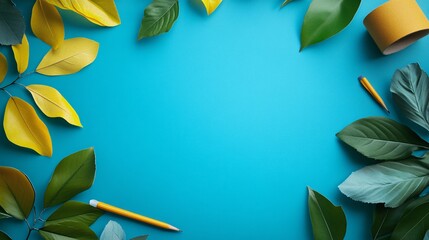 Poster - Pencils, adhesive tape and colorful leaves framing a turquoise copy space background