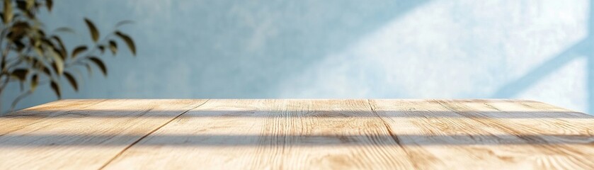 Poster - Sunlight streams over a matte wooden tabletop, highlighting its texture in a tranquil indoor environment. A soft blue background adds a calming feel to the overall ambiance