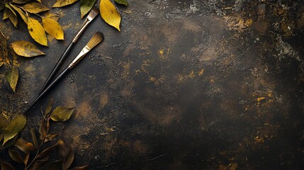 Poster - Paint brushes and autumn leaves creating a cozy artistic background
