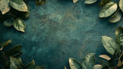 Poster - Green leaves bordering textured teal background creating copy space