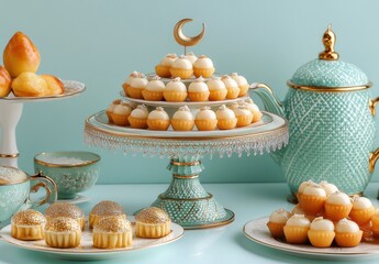 Wall Mural - Elegant Sweet Treats Display with Turquoise Tableware and Decor