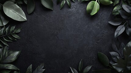 Poster - Green leaves bordering black textured background creating copy space
