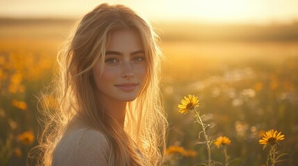 Poster - A woman with long hair stands in a field of sunflowers at sunset, capturing the warm glow of the golden hour. The gentle light accentuates her features and the vibrant flowers around her.