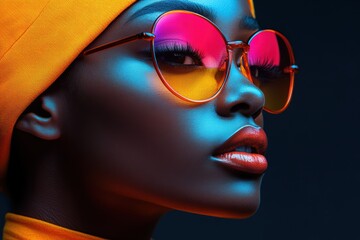 Wall Mural - Vibrant close-up of a stylish woman with colorful sunglasses against a dark background