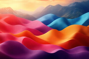 Poster - Vibrant abstract waves in a mountain landscape at sunrise showcasing dynamic color blends