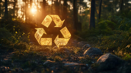 Wall Mural - illuminated recycling symbol in a natural landscape at dusk, symbolizing sustainable innovation -