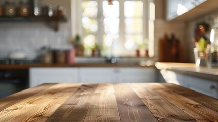 Wall Mural - Blurred kitchen background with empty table for text