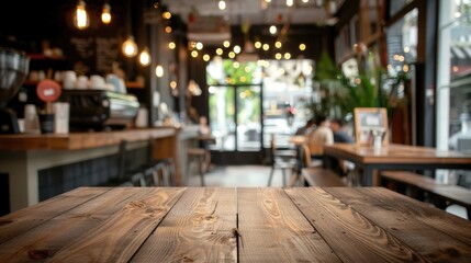 Wall Mural - Blurry Coffee Shop Background with Empty Brown Table for Photomontage or Product Display