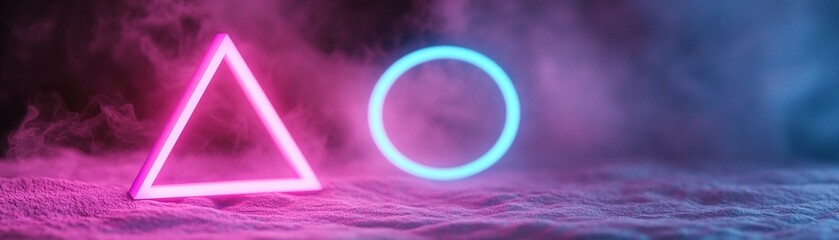 Poster - A composition of glowing geometric shapes is showcased in vibrant pink and blue hues. Soft mist surrounds the triangle and circle, enhancing the ethereal appeal of the visual