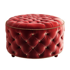 Poster - A luxurious round red leather ottoman features button tufting and gold detailing showcasing exquisite craftsmanship.