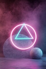 Poster - A vibrant composition features glowing geometric shapes in neon colors, set against a smoky backdrop. The interplay of light and form creates a captivating atmosphere