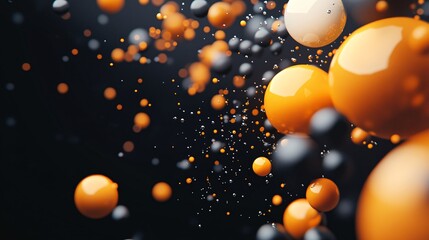 Poster - Abstract spheres floating and bouncing in dark background with orange, black, white and silver colors