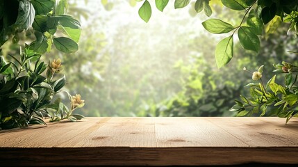 Aufkleber - Empty wooden table with blurred green garden background