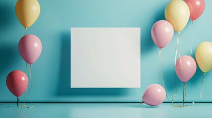 Poster - Balloons floating near blank canvas on turquoise background