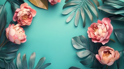 Aufkleber - Pink peonies and tropical leaves creating a frame on turquoise background