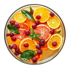 Poster - A glass bowl filled with sliced citrus fruits and raspberries,  a refreshing summer beverage.