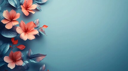 Aufkleber - Pink flowers and blue leaves creating a stunning floral border on blue background