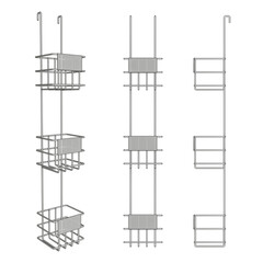 Wall Mural - Hanging wire grid display stand mockup with blank shelf talkers or price tags. Front view, side view, isometric view. 3d illustration set isolated on white