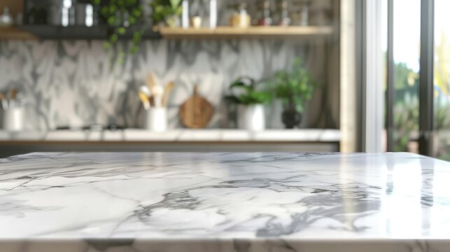 Marble table with empty space, blurred kitchen background for product display and online advertising.