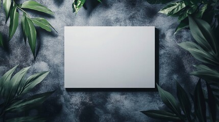 Poster - Blank white card surrounded by tropical leaves on dark background