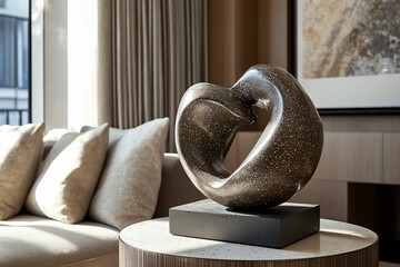 Wall Mural - Abstract sculpture displayed elegantly on a table in a modern living room with soft lighting