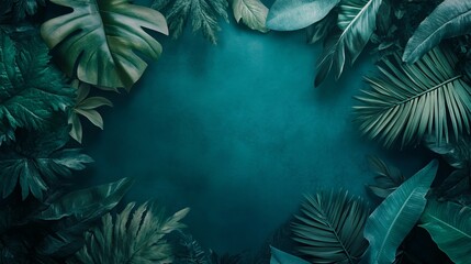 Poster - Tropical leaves creating a frame on teal background