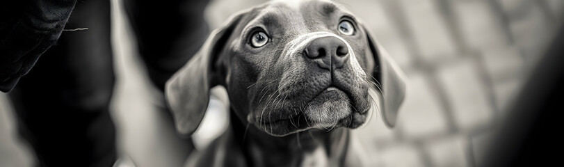 Wall Mural - Puppy looking up at its owner with big, expressive eyes full of love  -