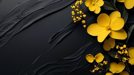 Aufkleber - Yellow flowers and mimosa blooming on textured black background