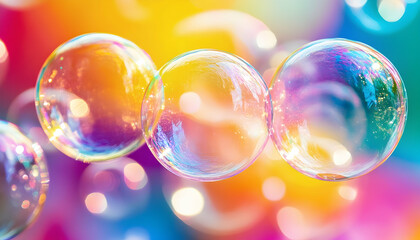 Wall Mural - rainbow-colored soap bubbles captured up-close on a bright and colorful background, emphasizing vibr