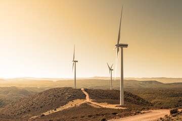 Wall Mural - wind turbines with sunset light in a mountain wind farm in sardinia. renewable energy concept, green