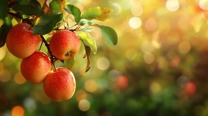 Aufkleber - Ripe red apples hanging on branch in orchard during sunset