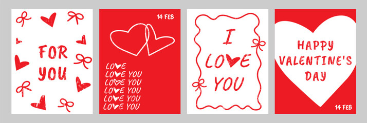 Aufkleber - Happy Valentines Day Cards set with Worn Texture. Modern abstract Posters with Doodle Hearts and Bows. Vector Templates for celebration, ads, branding, banner, cover, poster, sales.
