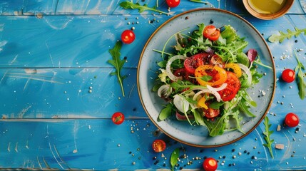 Wall Mural - Plated food on wooden surface with blue background for cafe menu.