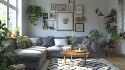 Wall Mural - Scandinavian living room with gray sofa, vintage coffee table, inviting family corner.