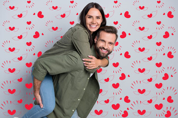 Poster - Portrait of attractive cheerful amorous couple married spouses piggy backing isolated over grey pastel color background