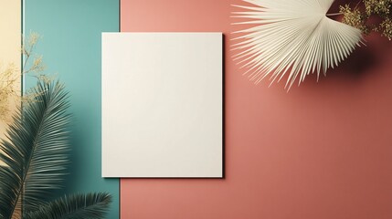 Aufkleber - White blank canvas mockup on colorful background with palm leaves decoration