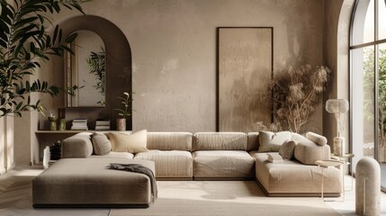 Wall Mural - Stylish Living Room with Beige Sofa and Decor Items.