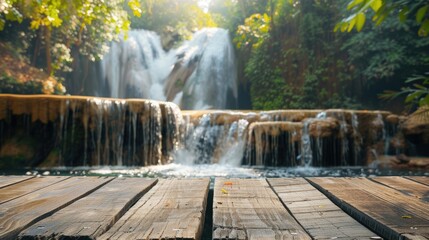 Sticker - Summer waterfall background with empty wood table for product advertising.