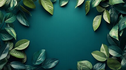 Aufkleber - Green leaves bordering teal background creating empty space